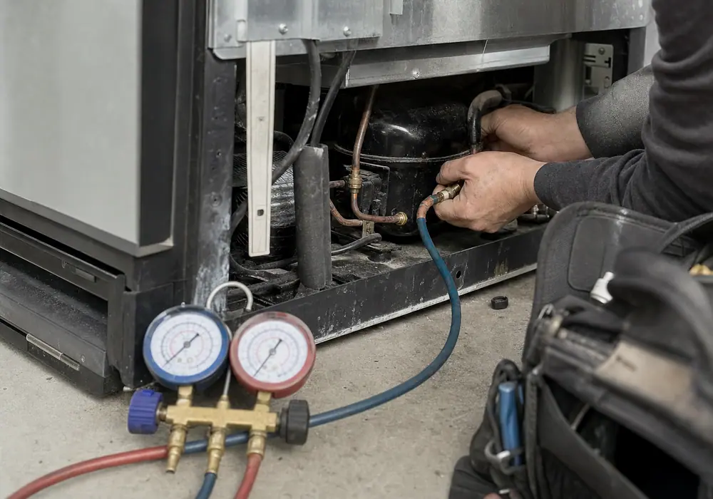 A Rancho Bernardo refrigerator repair call, diagnosed with the unit still in its opening